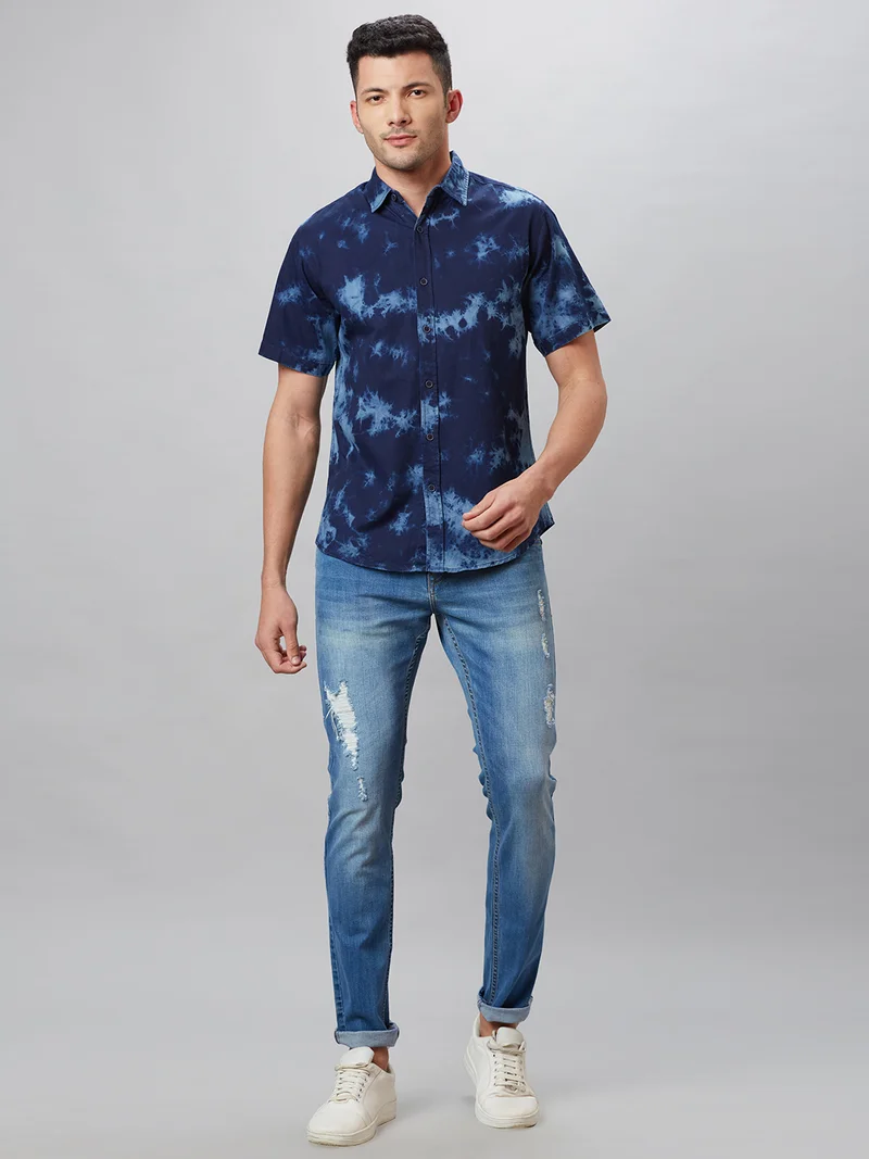 globus Globus Men Blue Tie and Dyed Cotton Regular Fit Casual Shirt
